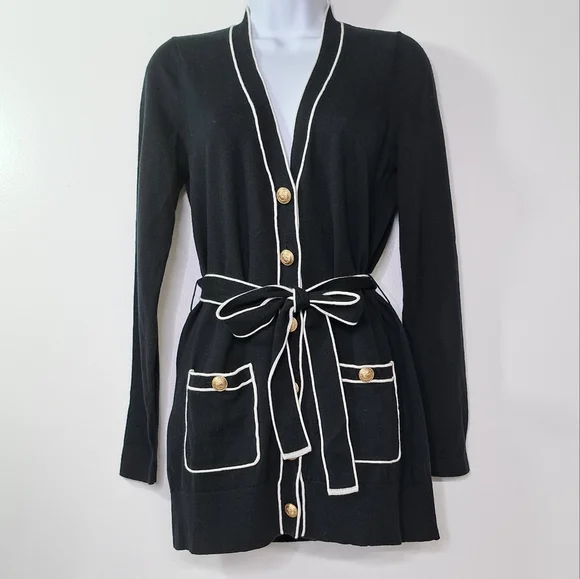 L'AGENCE Black and White Ronny Piped Wool and Cotton Cardigan Size XS - Picture 3 of 12